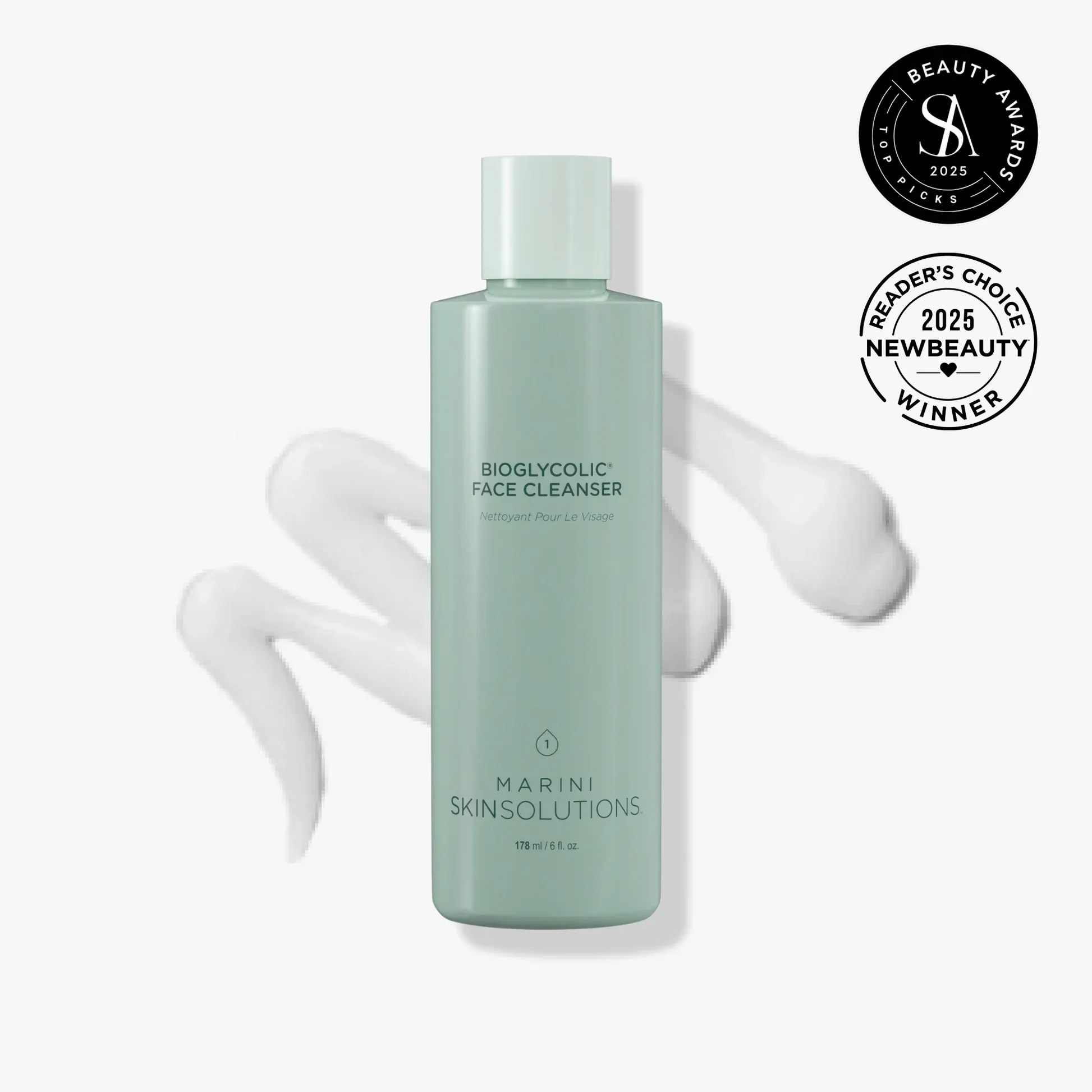 Award-winning Skinsolutions cleanser bottle display