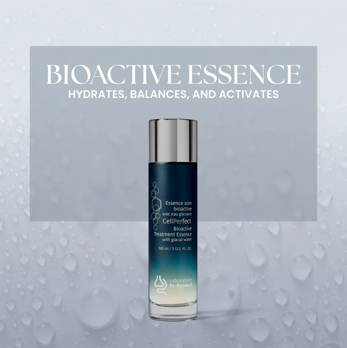 Bioactive essence bottle on wet background.