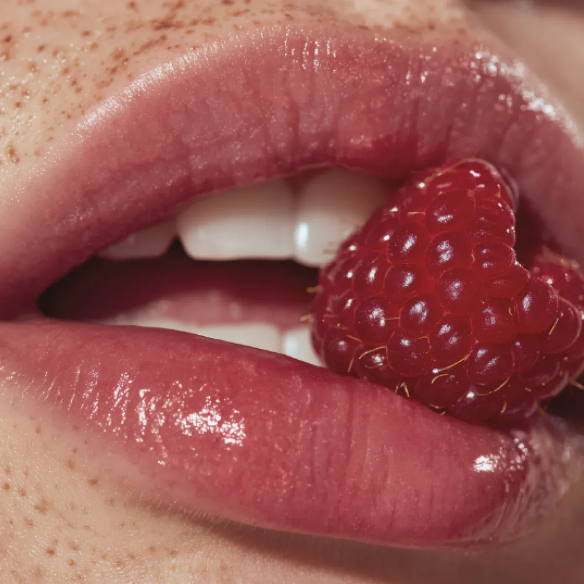 Lips holding a fresh raspberry